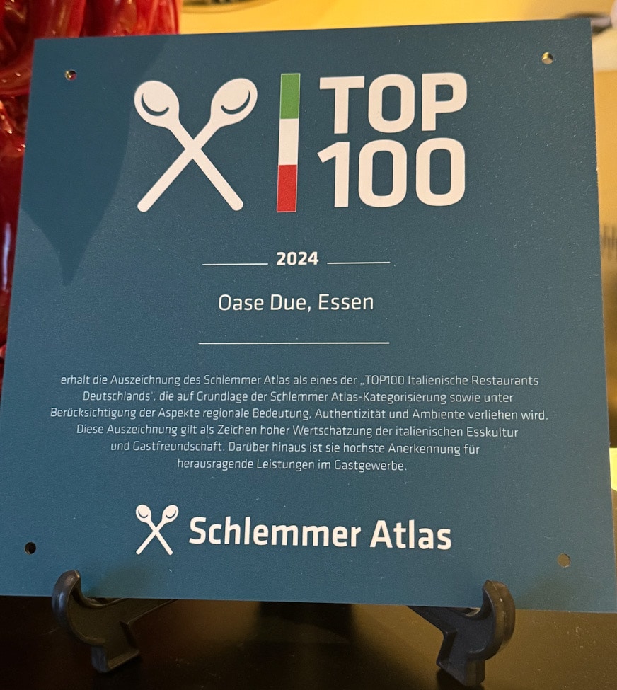Top 100 Schlemmer Atlas Germany for Italian restaurant 2024 Oase Due 