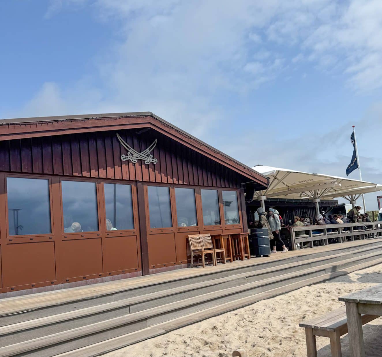 Außenansicht der Sansibar auf Sylt mit Strandterrasse, Flagge und Gästen bei Sonnenschein