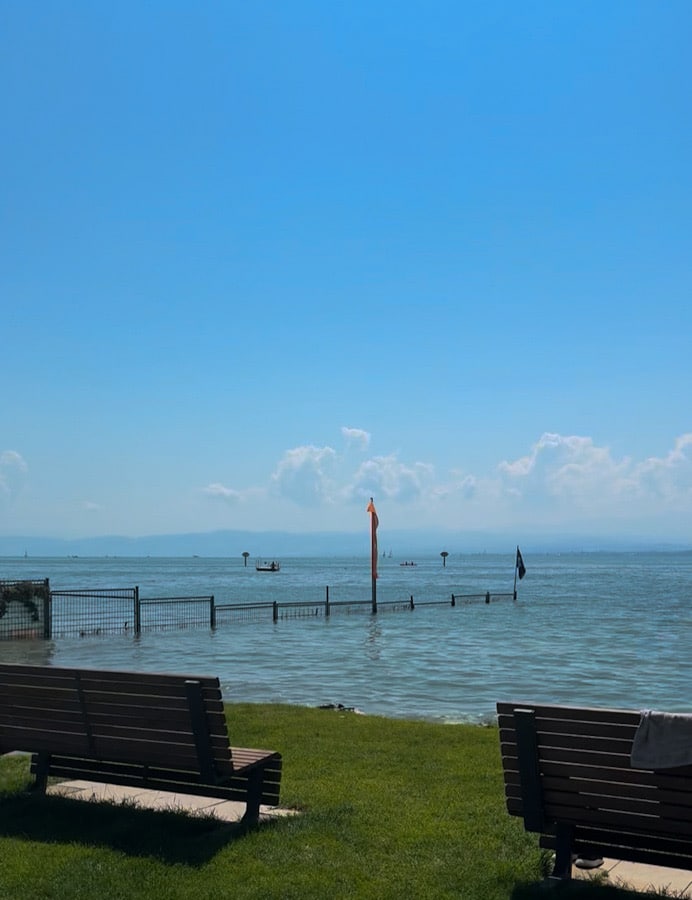 Weitblick über den Bodensee mit sanfter Wasseroberfläche vom Ufer in Immenstaad