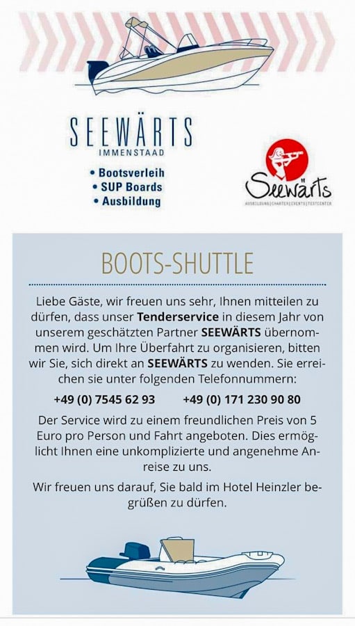 Informationstafel zum Boots-Shuttle von SEEWÄRTS Immenstaad für das Hotel und Restaurant Heinzler