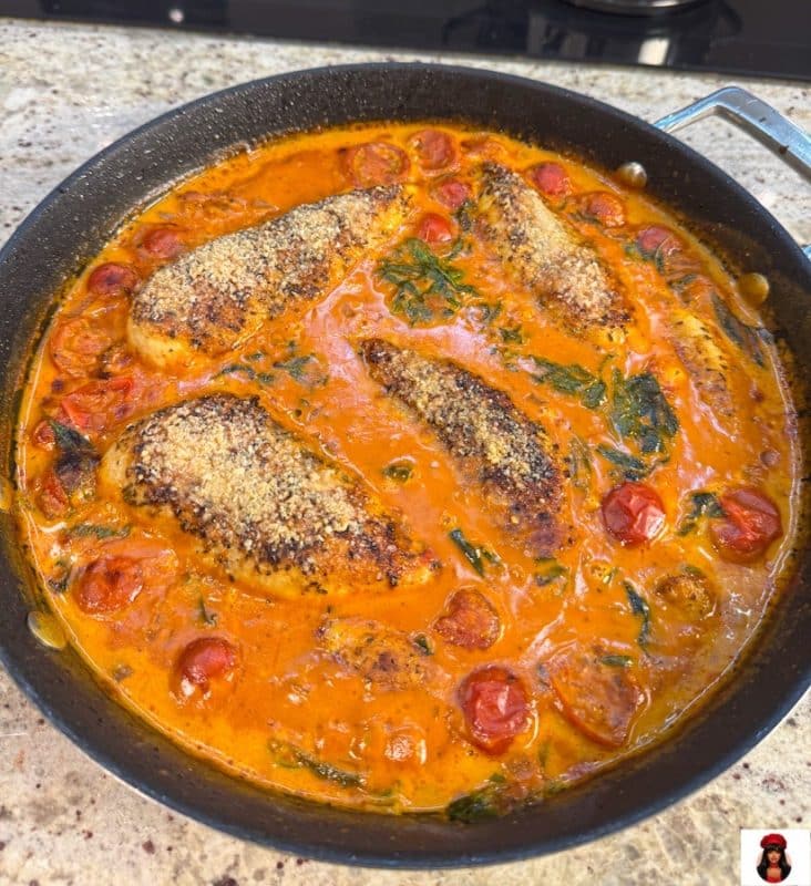 Hähnchenbrustfilets in cremiger Parmesan-Tomatensauce nach dem Überbacken in der Pfanne