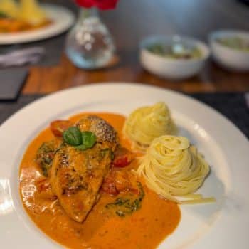 Hähnchenbrust in cremiger Parmesan-Sauce mit Spinat, serviert mit Pasta auf einem weißen Teller