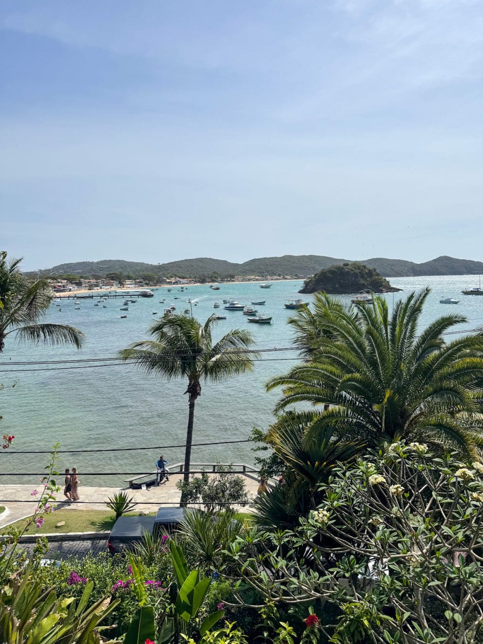 Weitblick über die Bucht von Búzios mit Palmen und Booten, Brasilien
