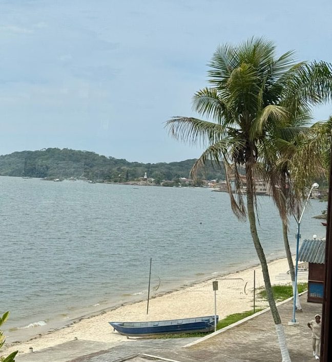 Blick auf Strand und Meer in São Francisco do Sul, Brasilien, mit Palmen und ruhigem Wasser.